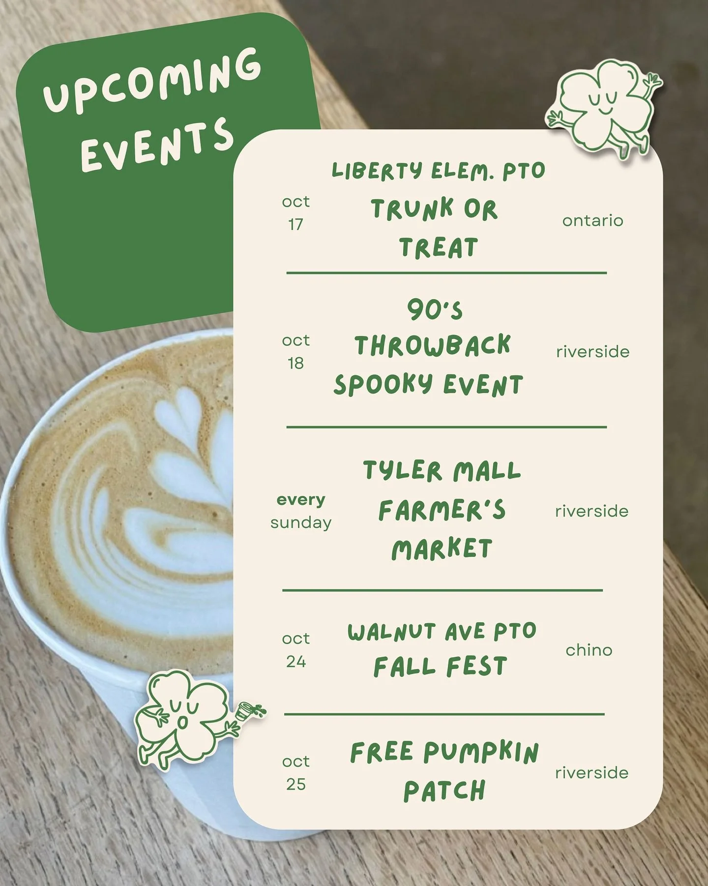 more markets, more coffee, more fun ⭐️☕️🍂 
-
mark your calendars, here’s where you can catch us for the rest of the month 🎃 
#clovercoffeeclub #clovercoffee #riverside #riversidecalifornia #mobilecoffeecart #mobilecofffebar #coffeebar #match
