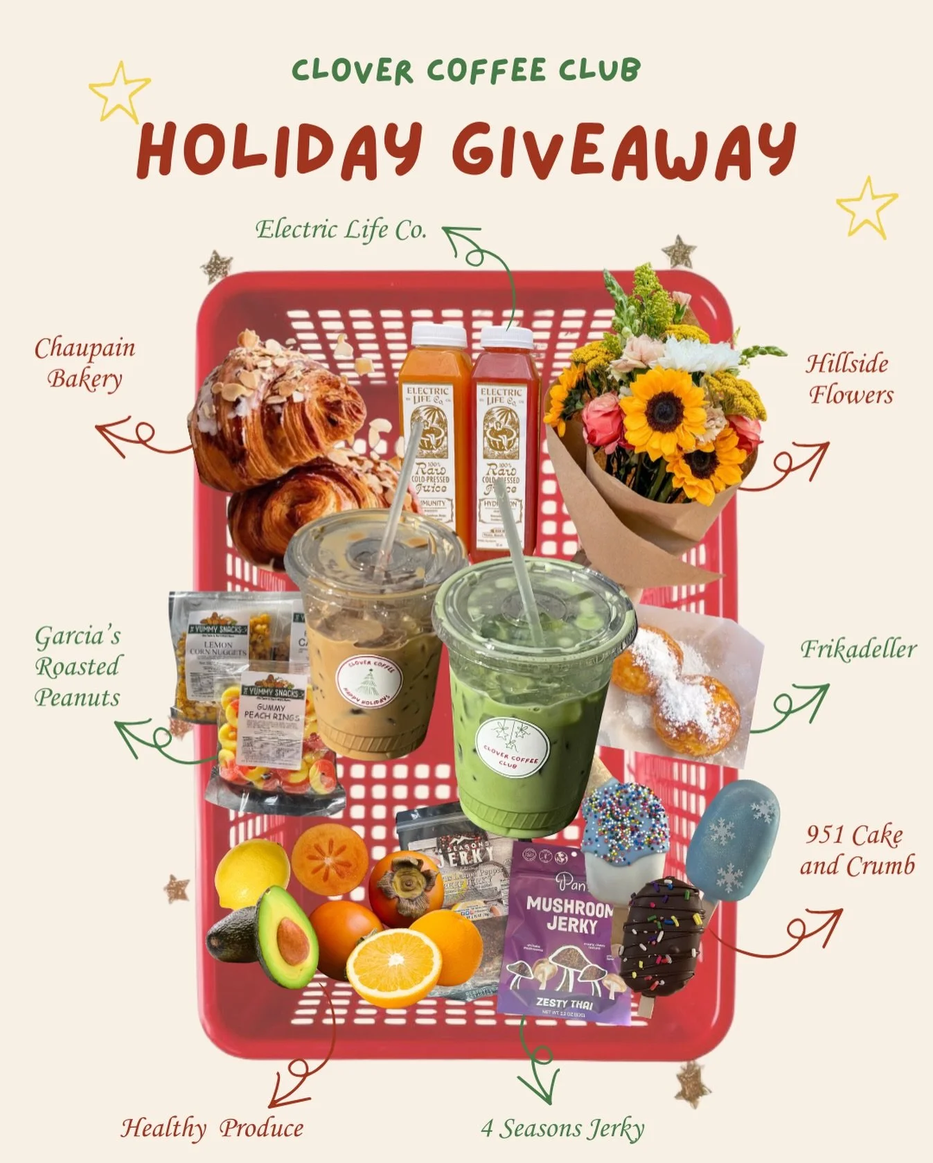 🎄✨ holiday giveaway ✨🎄
we&rsquo;re giving one lucky winner the ultimate farmers market pack! 🧺💚

&bull; cake pops 
&bull; fresh produce 
&bull; cold-pressed juices 
&bull; bakery treats
&bull; flowers
&bull; jerky + snacks 
&bull; &aelig;bleskive