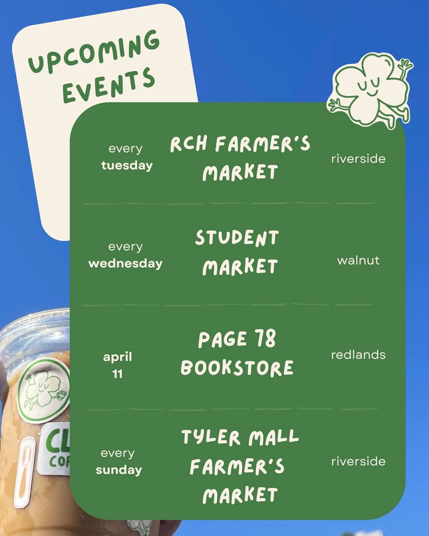 here&rsquo;s where to find us! 🌷🐝☕️

#clovercoffeeclub #riverside #mobilecoffeecart #redlands #matcha