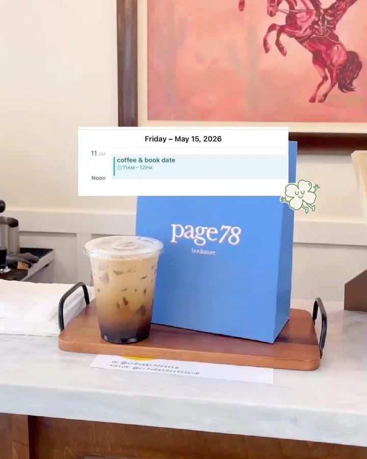 books + coffee date anyone? ⭐️📚🩵☕️
popping up at @page78bookstore this friday! 
11am - 4pm :) 

#clovercoffeeclub #redlands #coffeeshop #matchacafe #thingstodo