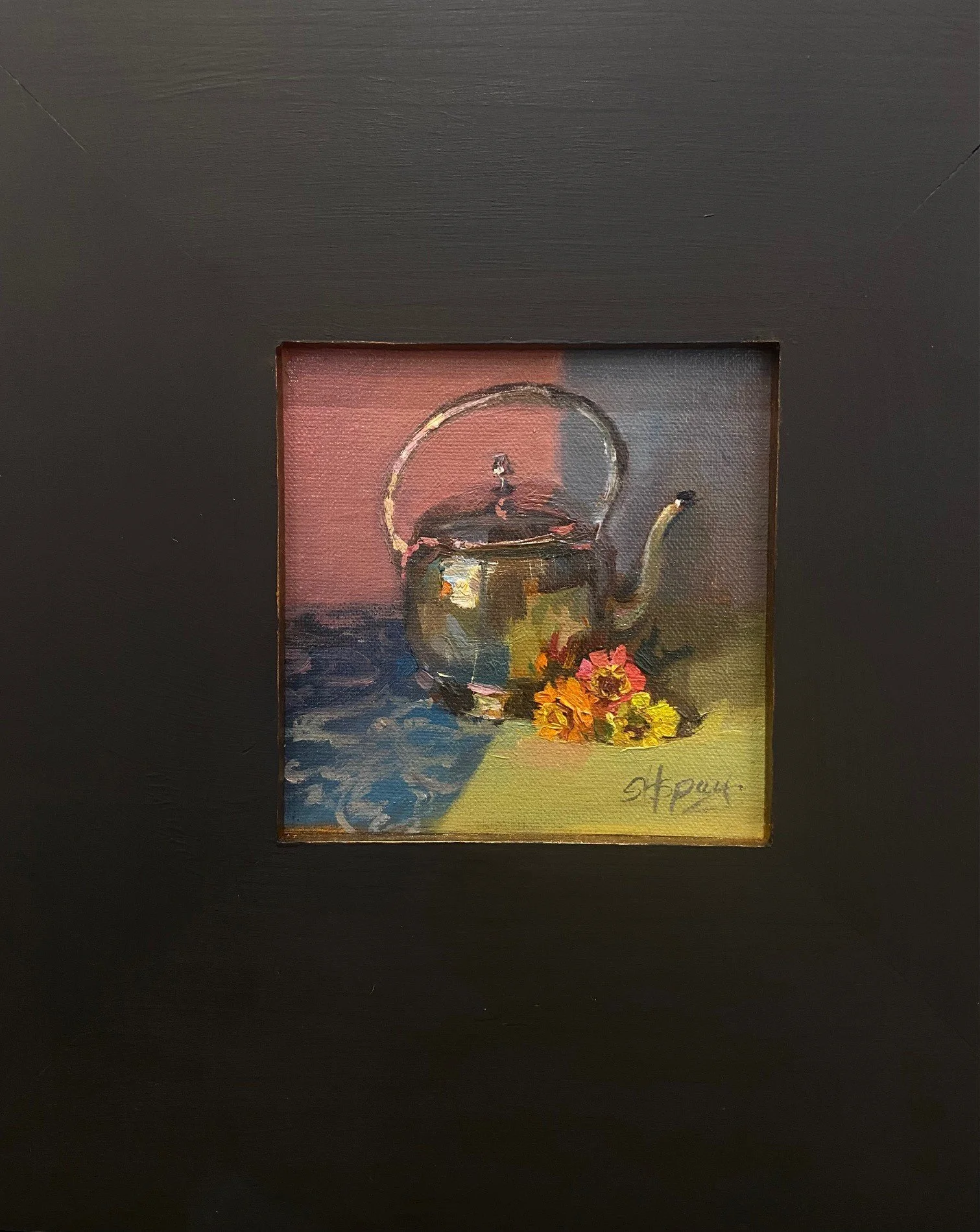 Silver Tea Kettle with Zinneas