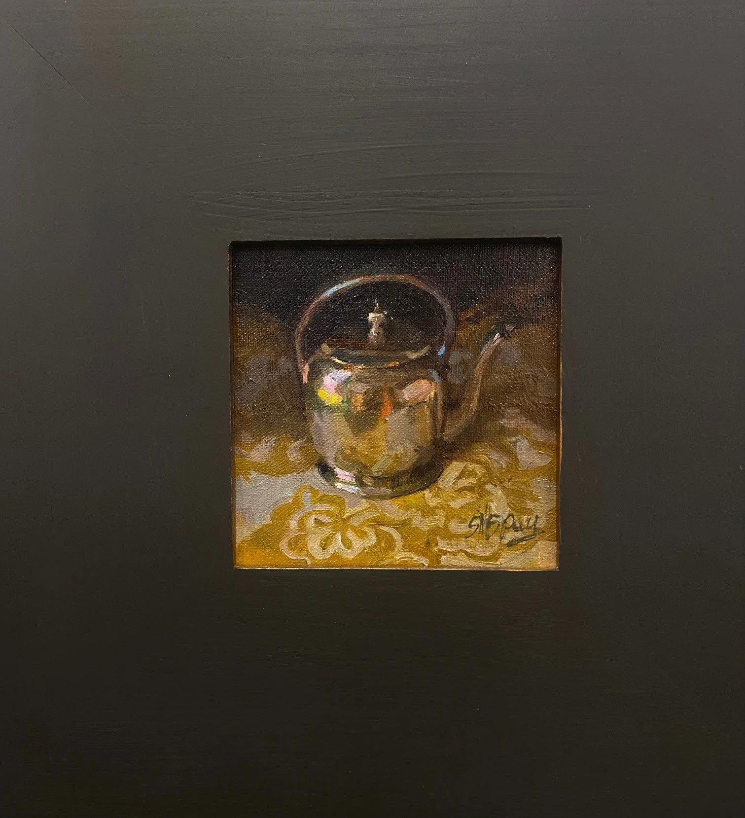 Silver Tea Kettle with Yellow Pattern