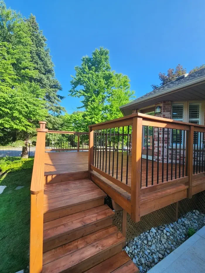 freshly stained deck in backyard