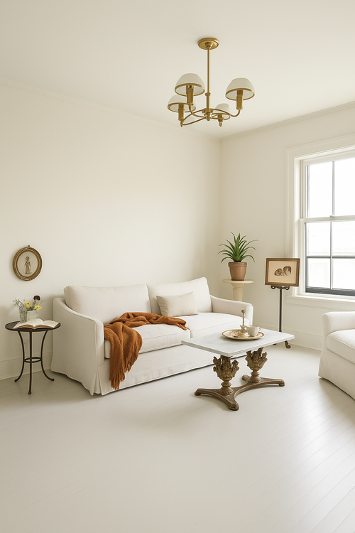 Minimalist living room with a white sofa, a small round side table with a vase of flowers, a plant on a pedestal, a coffee table with ornate legs, and wall art.