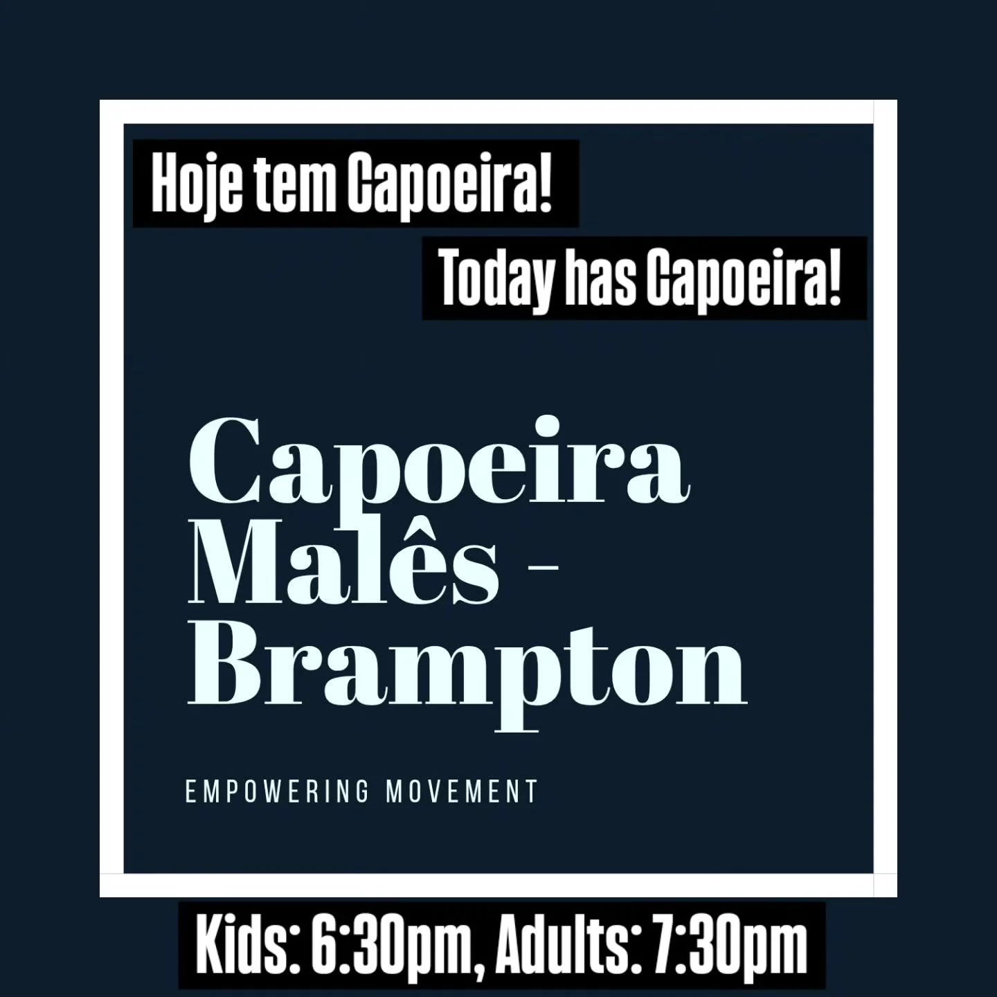 Come check us out.  Try two classes with no commitment required. 

Every Tuesday and Thursday
Kids - 6:30PM
Adults - 7:30pm

Inside the Doggpound (MMA).

Salve!
Professor P&eacute; Pesado 

#capoeirabrampton #capoeiramal&ecirc;sbrampton #416Capoeira 