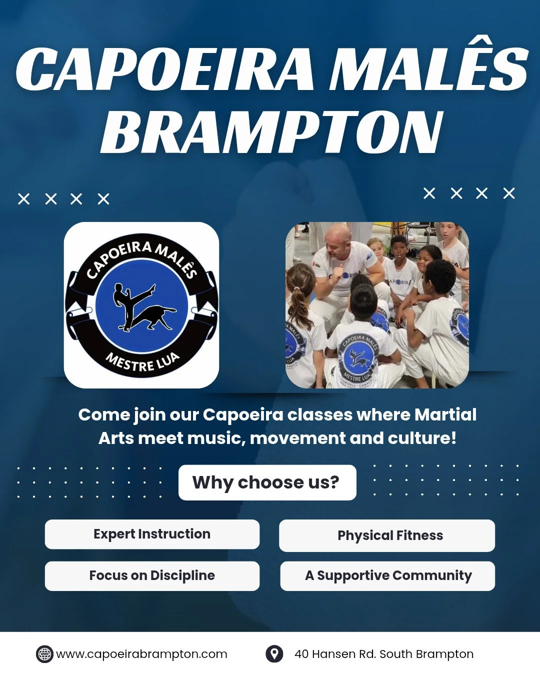 Fight with flow.
Train with rhythm.
Move with power. 🥋🔥

Capoeira isn&rsquo;t just a martial art &mdash; it&rsquo;s a fitness experience that connects mind, body, and music.
Join Capoeira Mal&ecirc;s &ndash; Brampton today &mdash;
💥 First 2 classe