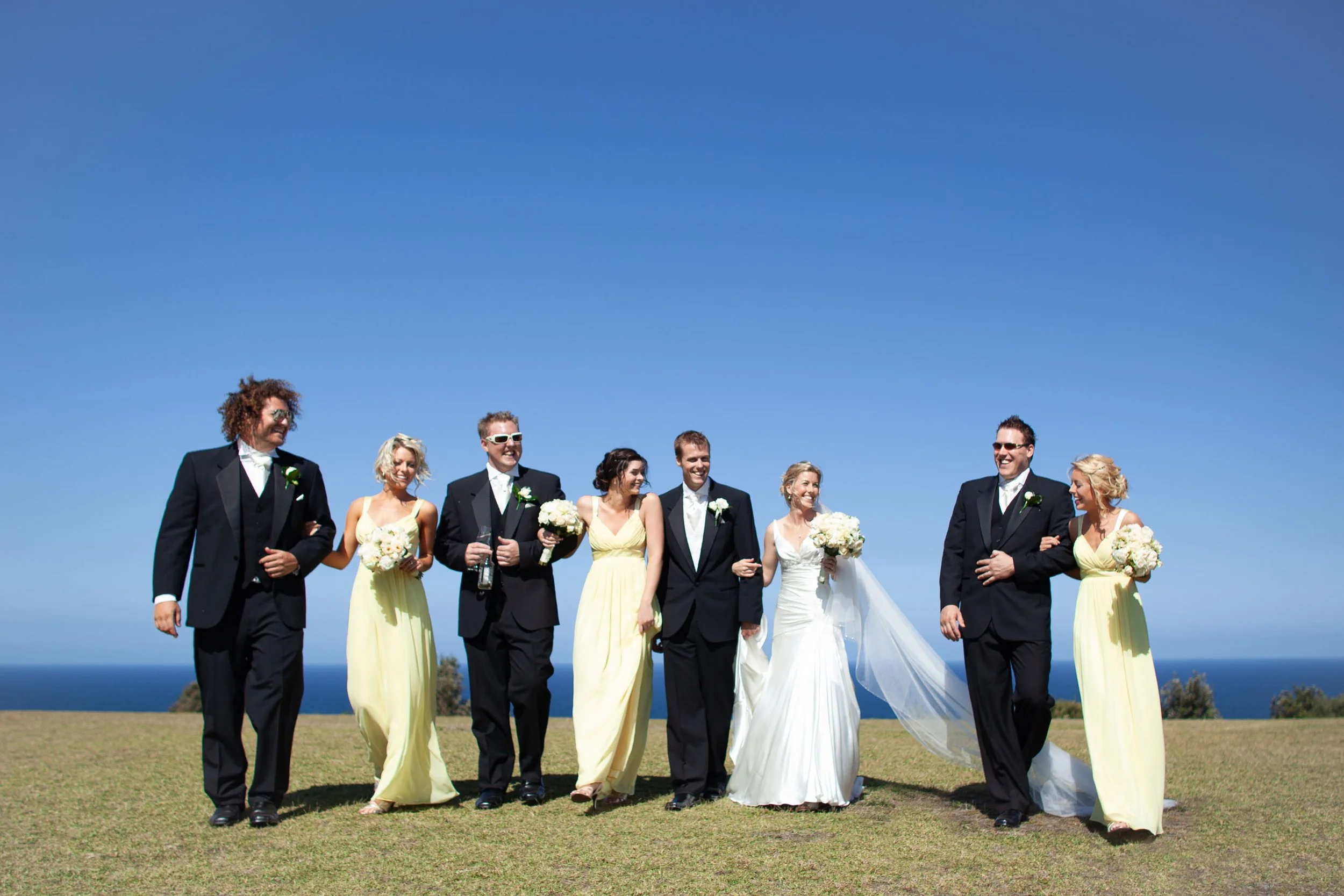 Bride and Groom laughing with their bridal party at the wedding portraits in Vaucluse