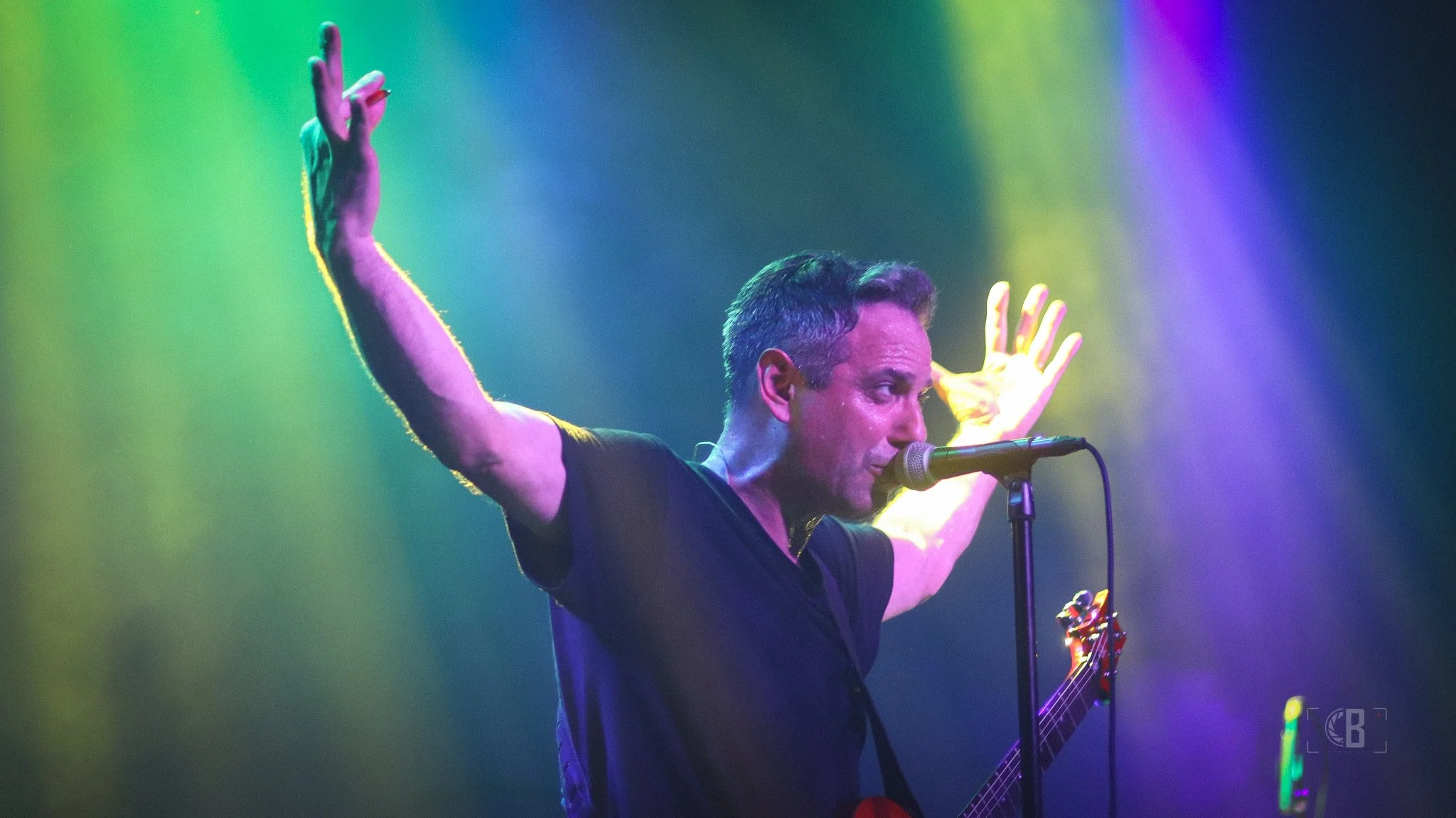 Male musician singing into a microphone on stage with arms raised, playing an electric guitar, colorful lights in background.
