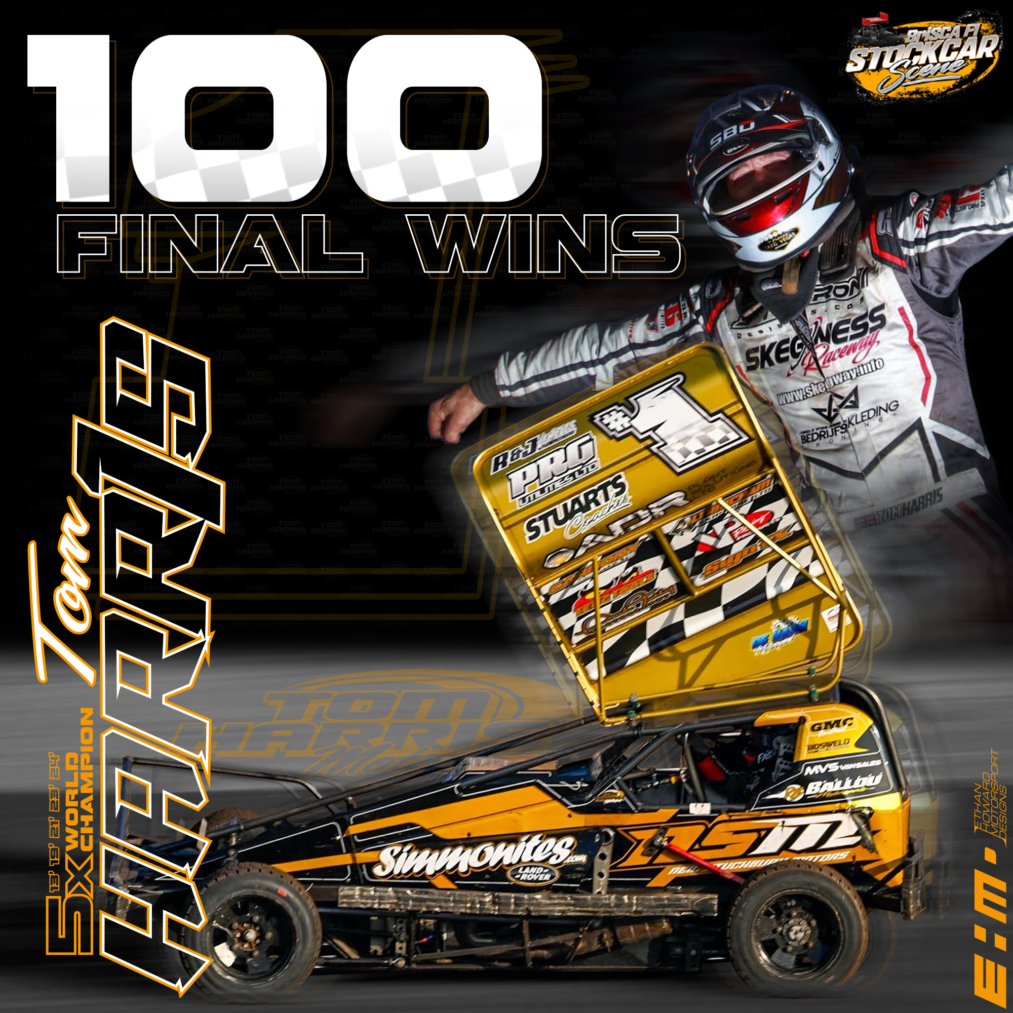 Celebratory moment at a racing event with a race car driver in racing gear and helmet, standing beside a yellow race car with sponsor logos, declaring a final win as part of a racing scene.