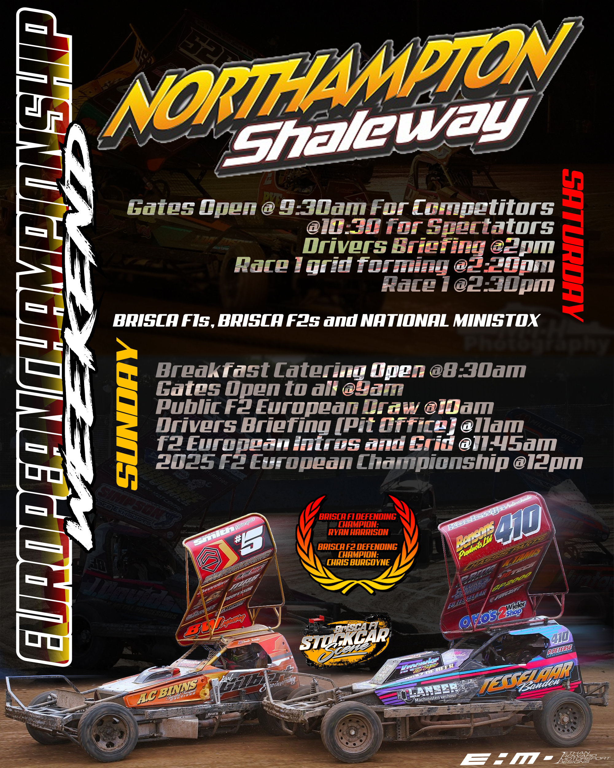 A dirt track racing scene featuring multiple sprint cars with large rear wings and colorful sponsor decals. The background shows other race cars and a dirt racing surface.