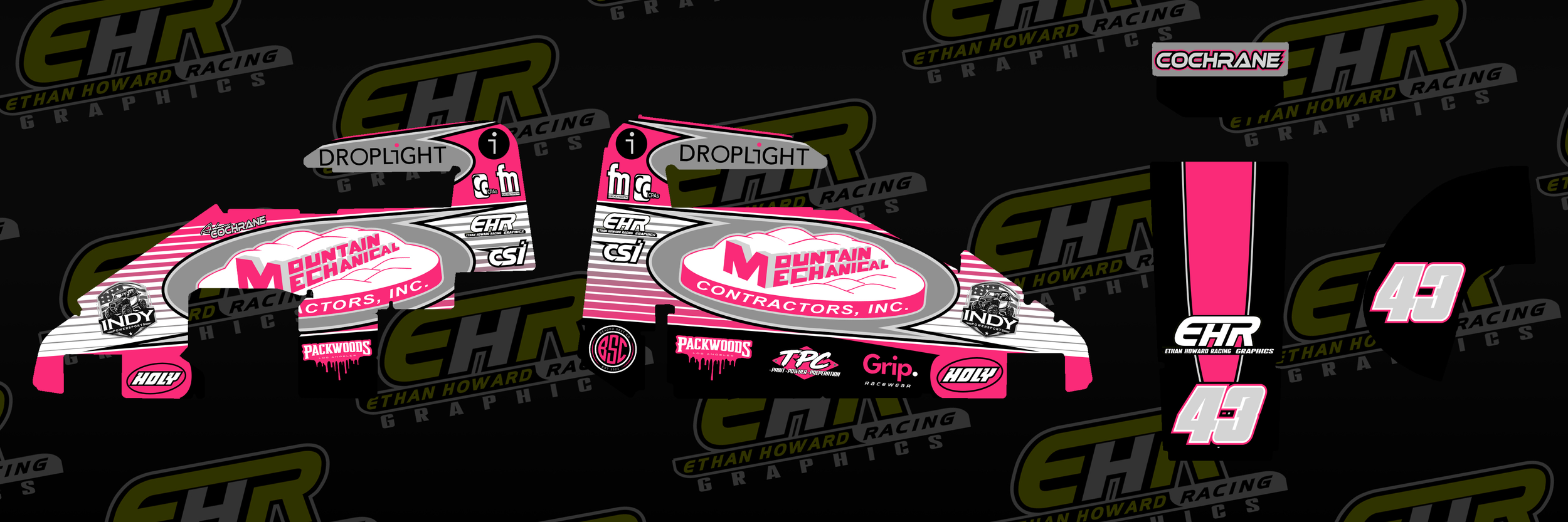 A digitally rendered race car with a pink, white, and black color scheme, featuring the number 45 and various sponsor logos including Mountain Mechanical Contractors, Inc., Cochrane, Indy, Packwoods, and others, against a background with a repeating 