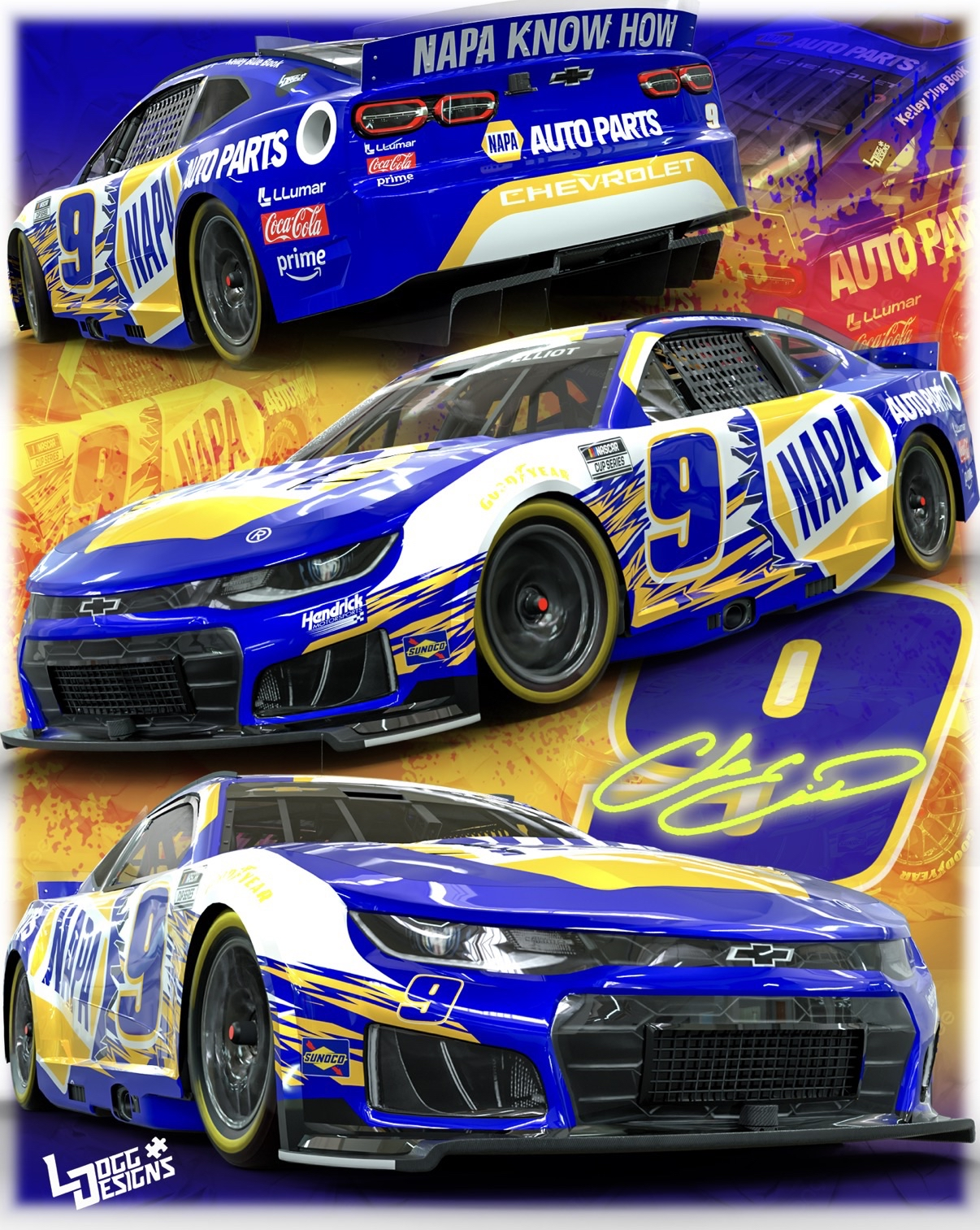 Collage of race cars featuring Chevrolet models in blue, white, and yellow with various sponsor logos including NAPA Auto Parts, Coca-Cola, and Hendrick Motorsports. Prominent race car number 9 and Chevrolet logos are visible.