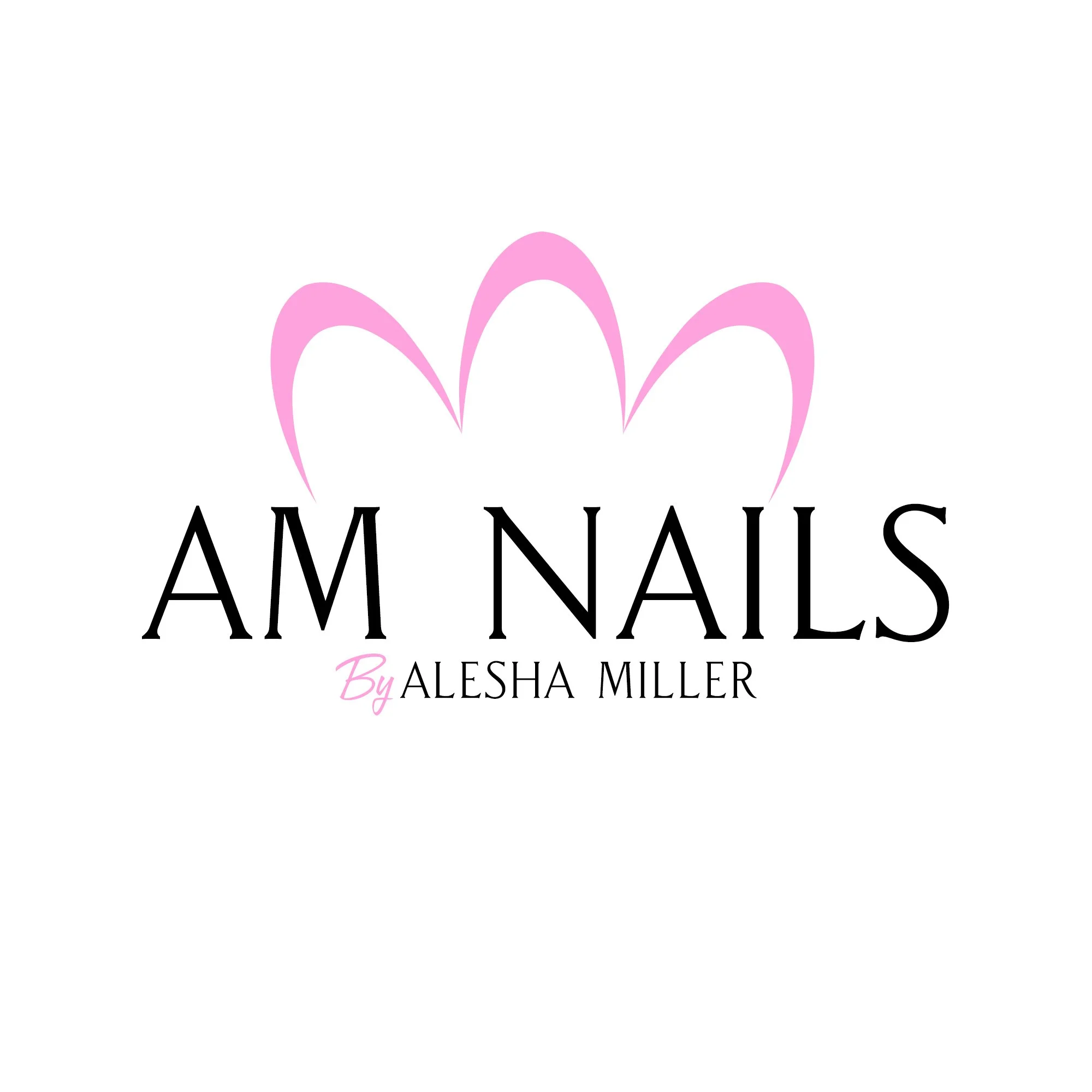 A logo with pink eyelashes above the words 'AM NAILS' and 'By Alesha Miller' in black and pink text.