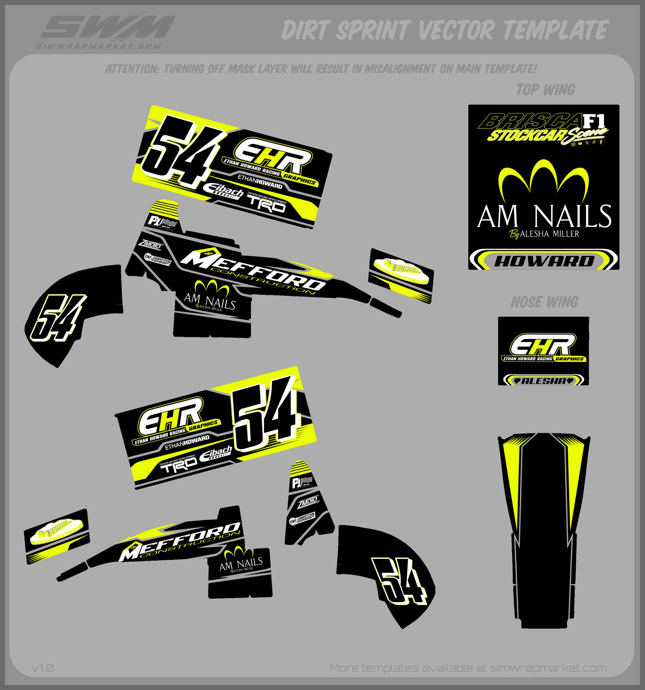 A collection of black, yellow, and white racing stickers featuring logos and numbers for a dirt sprint car, including the number 54, Ethan Howard Racing, and Alesha Nails, designed for decal application on a race car body.