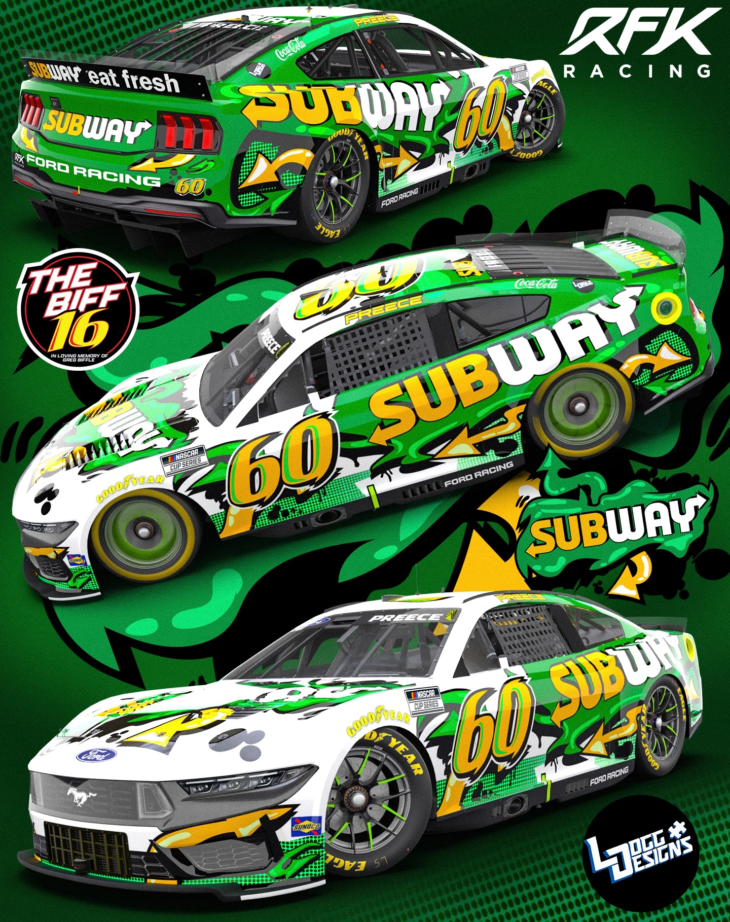 Images of three race cars with Subway advertising, racing on a green background. The cars feature a green, white, yellow, and black color scheme, with the number 60 and Subway logos prominently displayed. The cars are branded with various sponsors, i