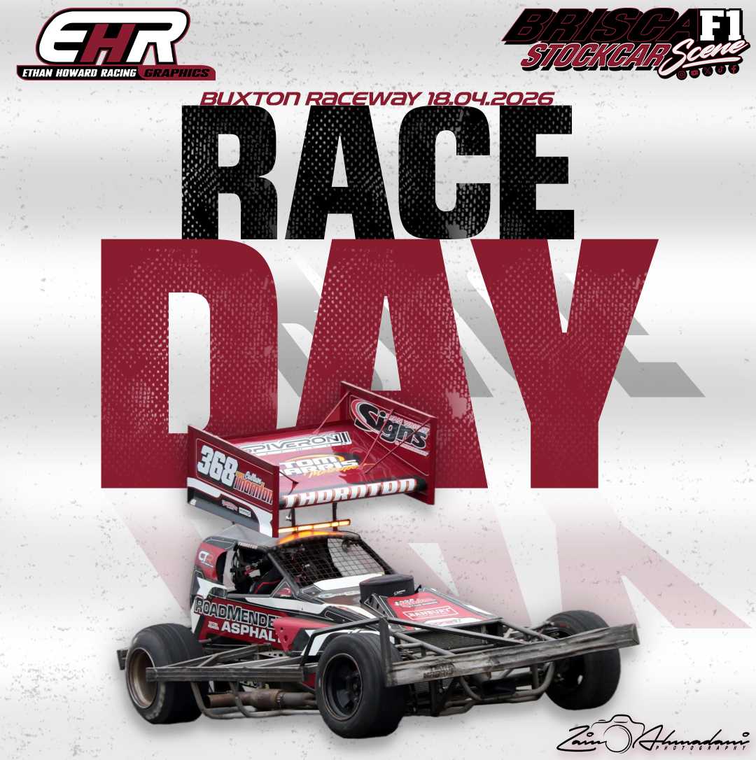 Race car with decals and a large rear wing, positioned on a digitally designed background promoting a race event at Buxton Raceway on April 18, 2026, with bold text reading 'Race Day' and logos for Ethan Howard Racing Graphics and Brisca F1 Stockcar 
