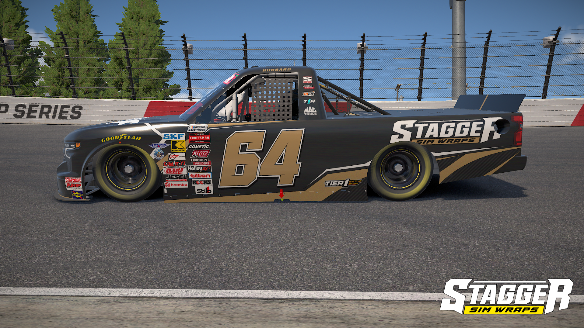 A race car on a track with black, gold, and white sponsors and number 54. It has a large rear spoiler and a cage, and is labeled with several sponsor logos including Harry Goodyear, SKF, Craftsman, and Stagger Sim Wraps.