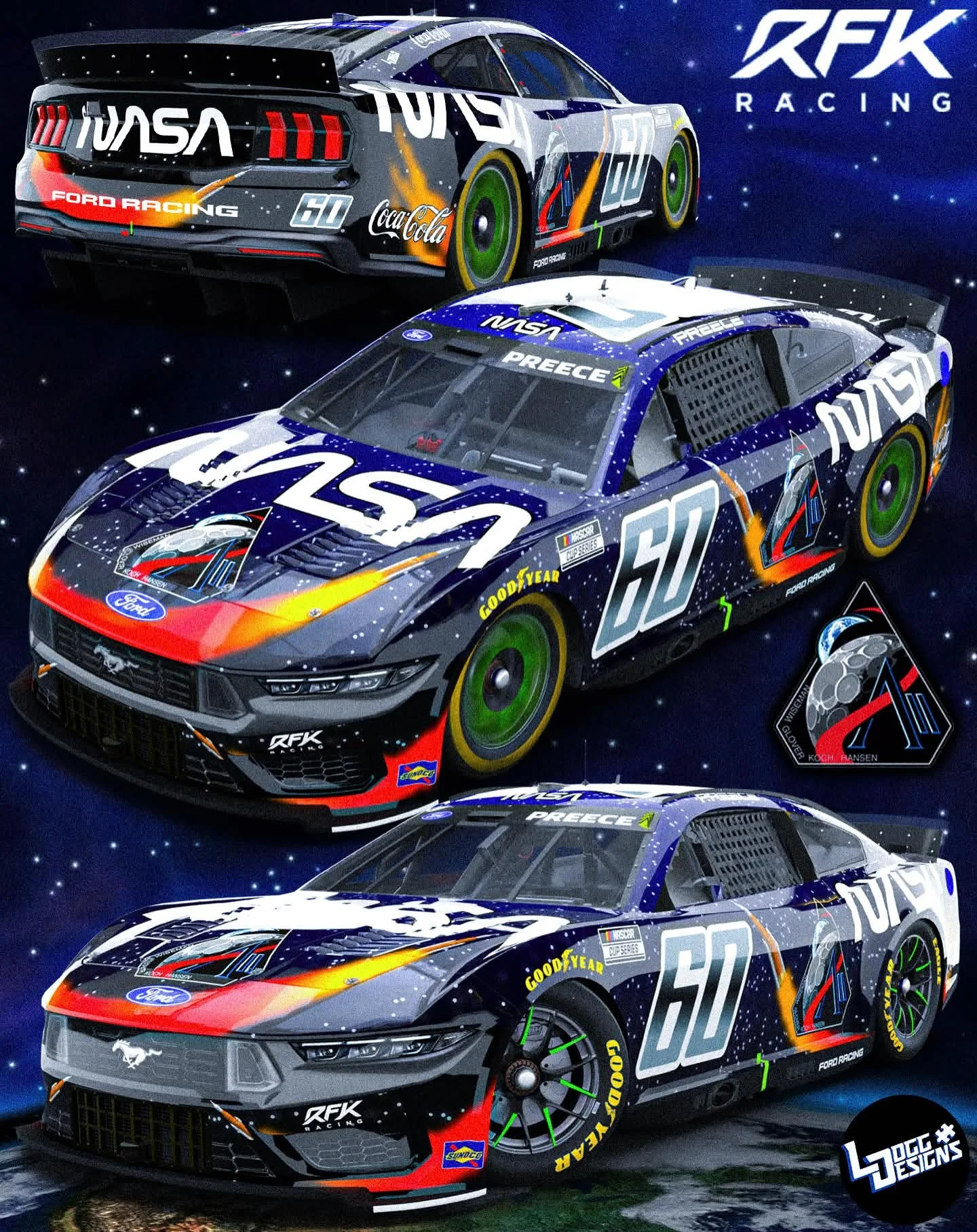 Three race cars with space-themed livery, featuring NASA logos and stars, on a dark background. The cars haveFord logo and racing design elements.