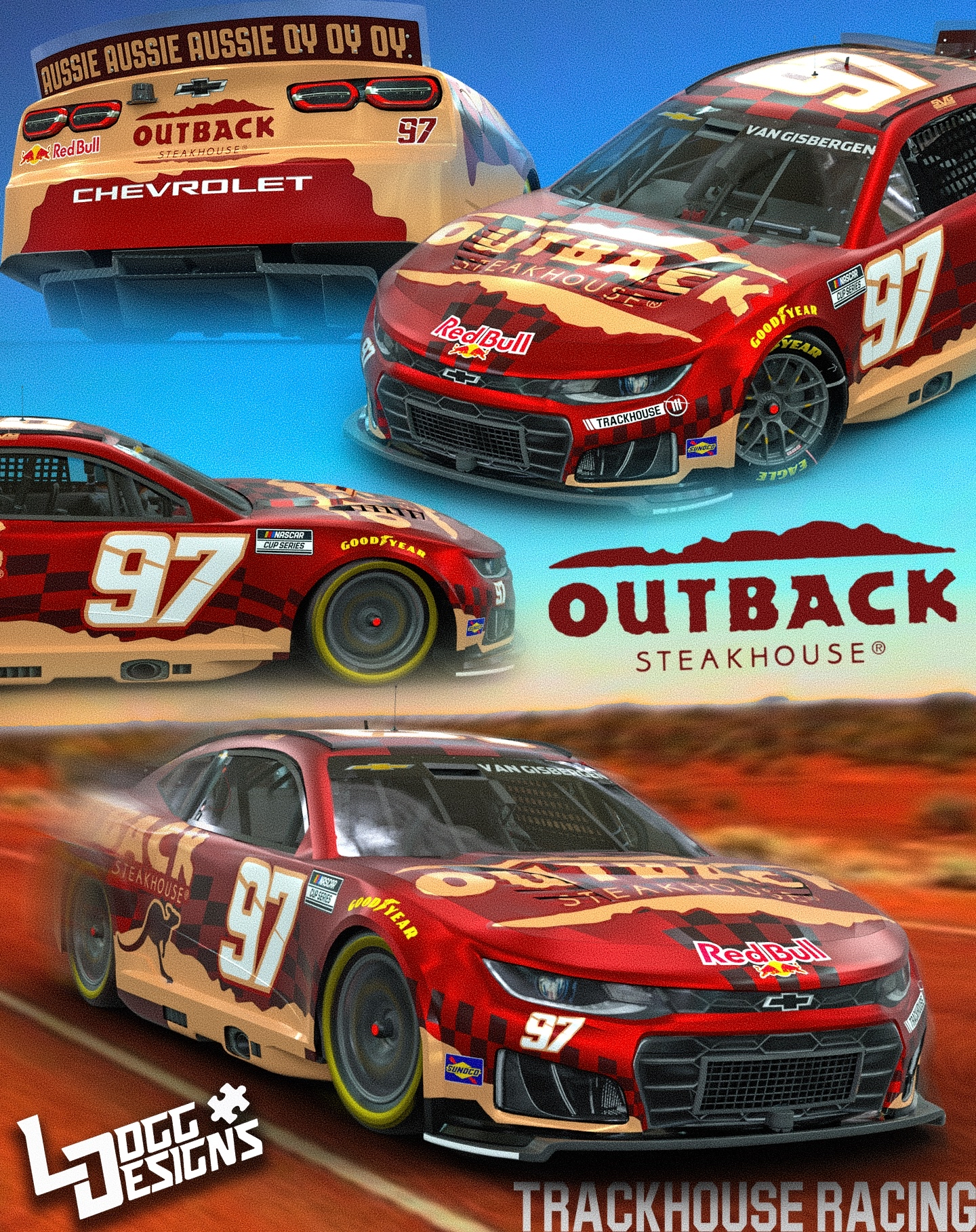 Image of two red and tan race cars with sponsorship logos, including Red Bull, Chevrolet, and Goodyear, with a blue sky and desert landscape in the background, and the Outback Steakhouse logo prominently displayed.