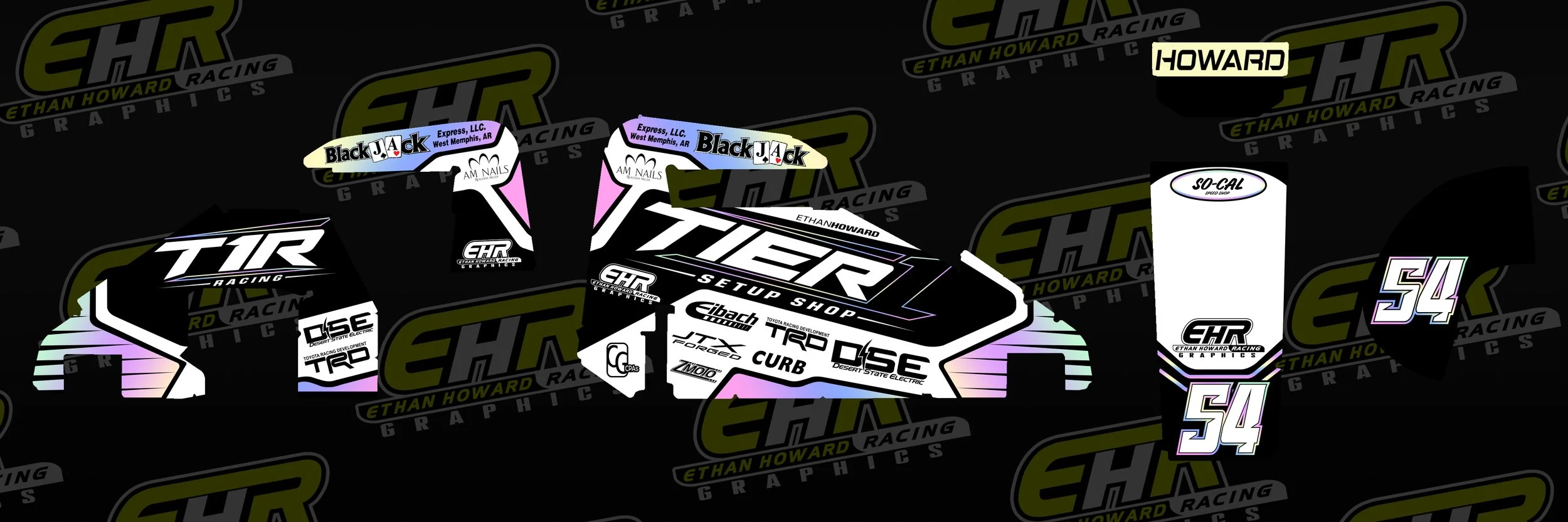 A detailed graphic design of a racing vehicle wrap featuring sponsorship logos and the number 54, with a predominantly black and white color scheme with pink accents, and the branding of Ethan Howard Racing Graphics.