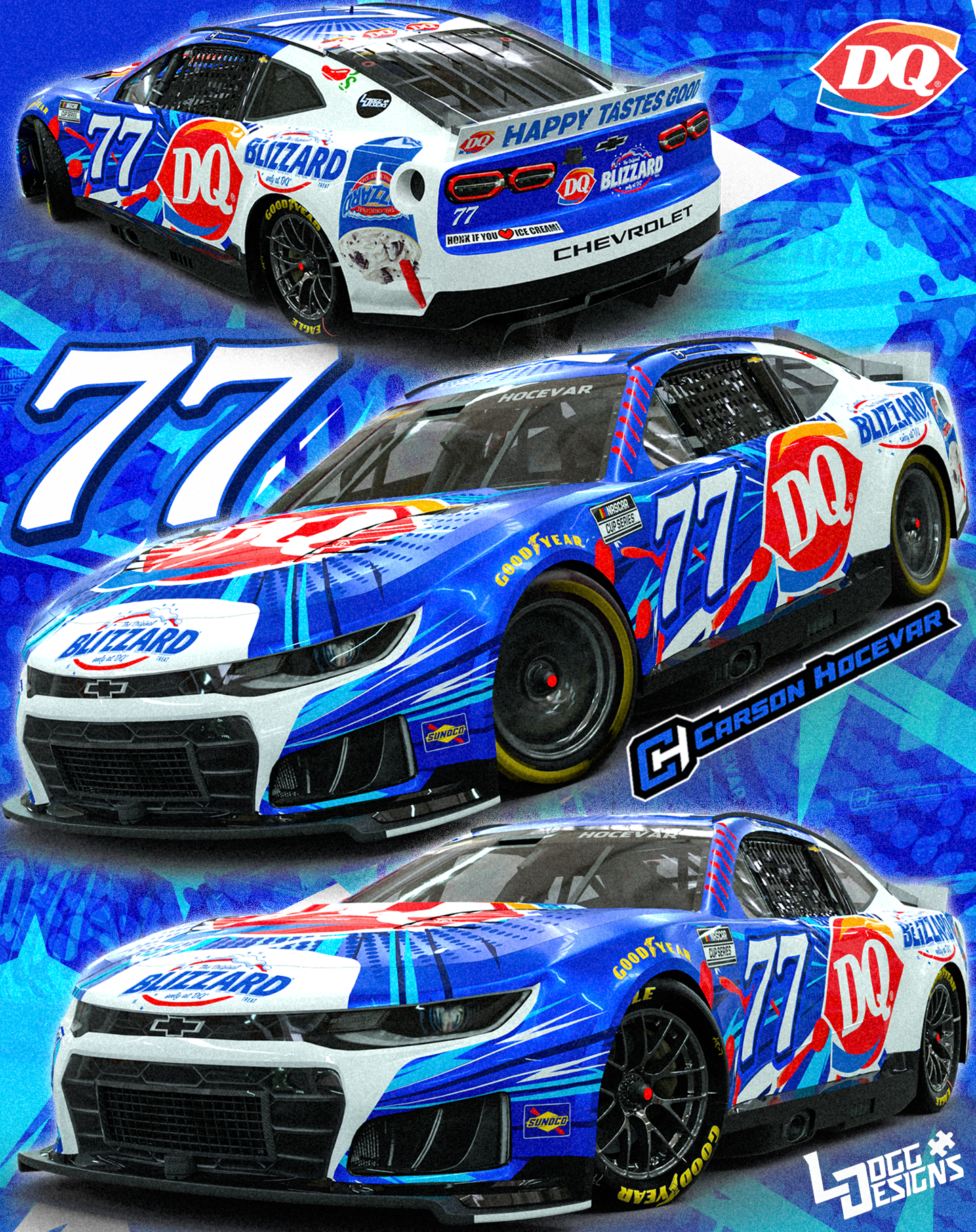Multiple race cars featuring Blizzard and Dairy Queen branding, with a Chevrolet logo, driver names, and sponsor logos, set against a vibrant blue background with graphics and text.