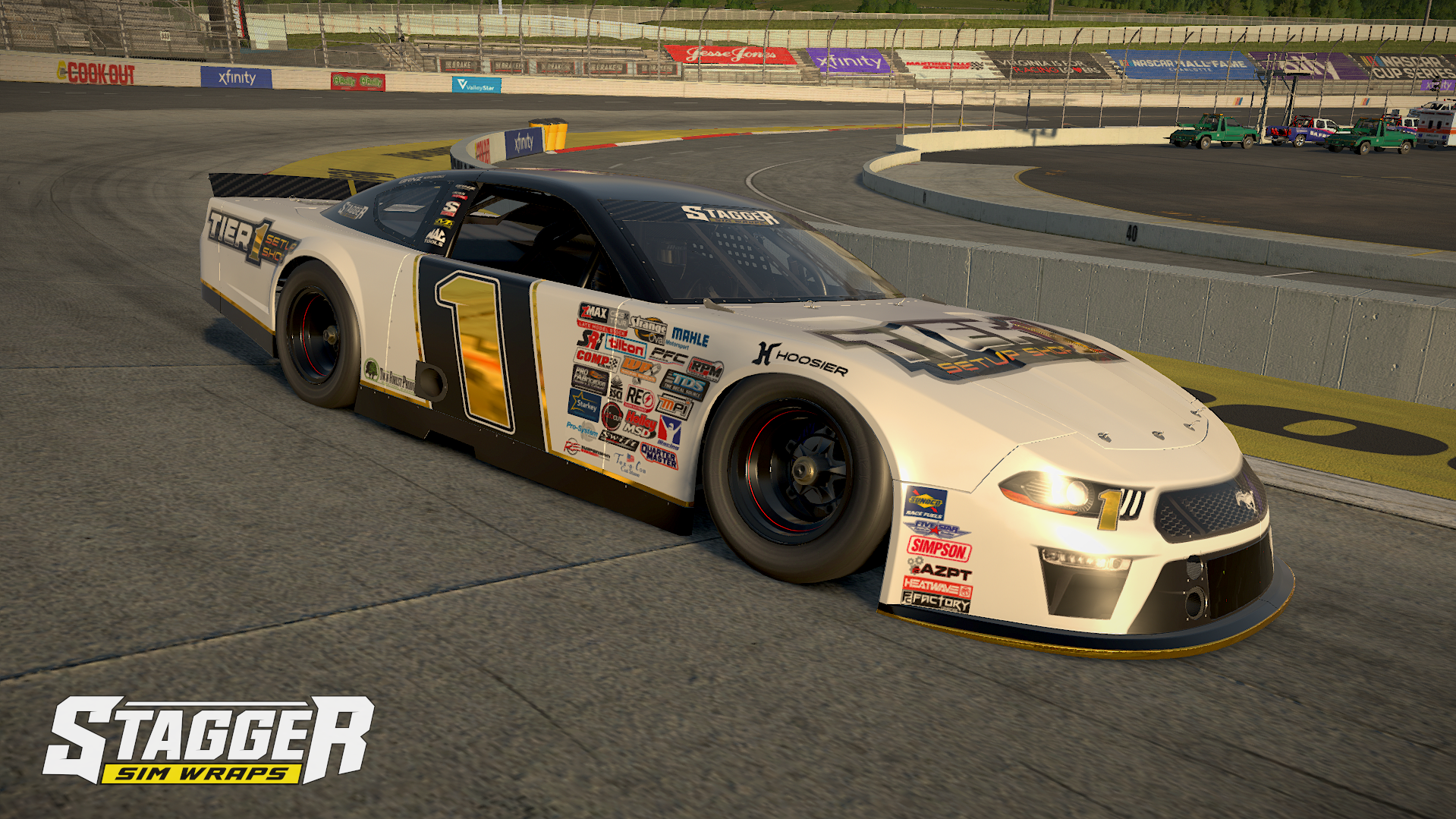 A race car with the number 1 on its side parked on a racetrack. The car is mostly white with sponsor logos and a black roof. It features a large rear wing and slick racing tires. The background shows a curved section of the track with barriers and so