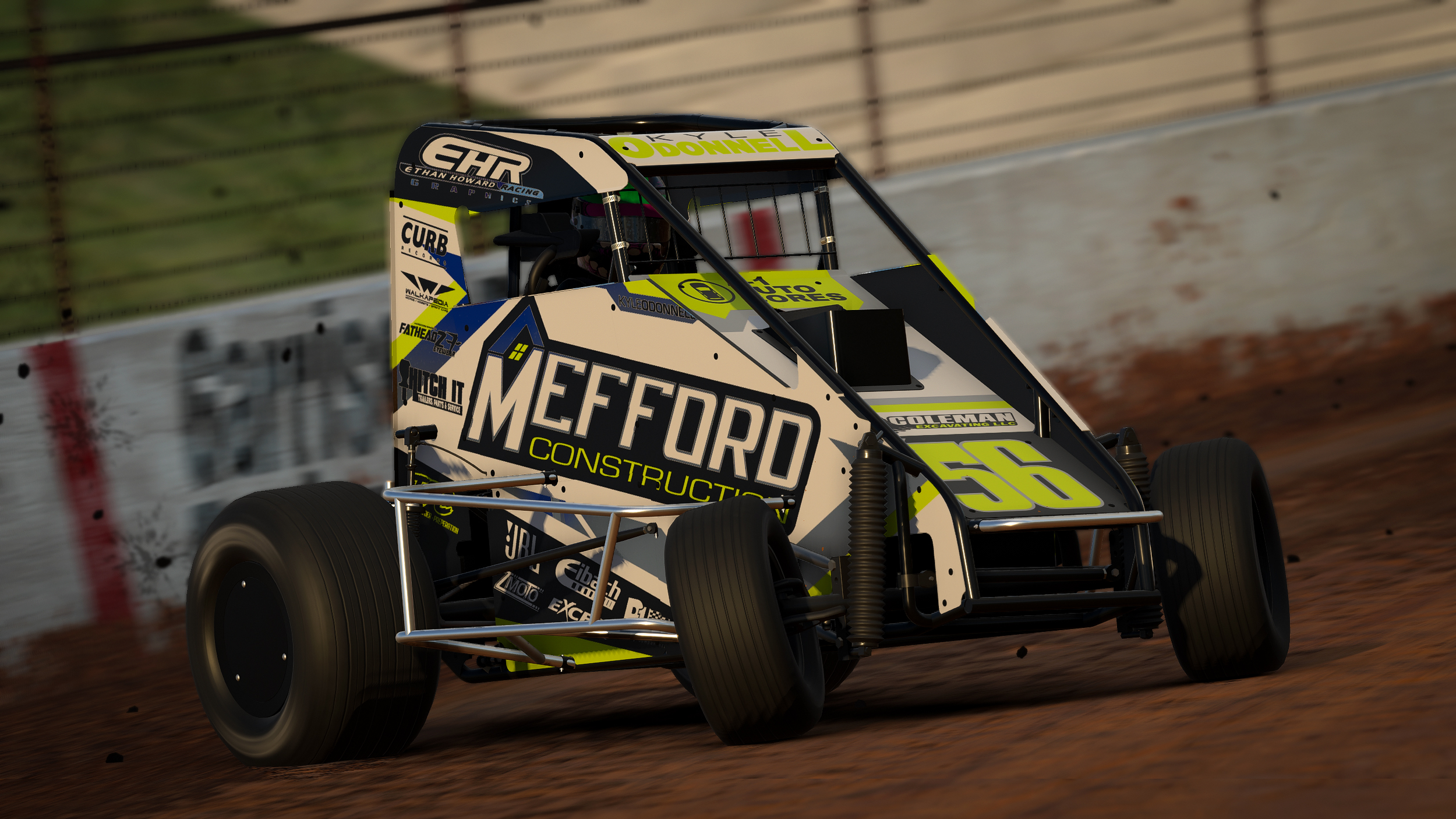 Race car on dirt track with sponsorship and sponsor logos, driver inside cockpit, fast motion blur.