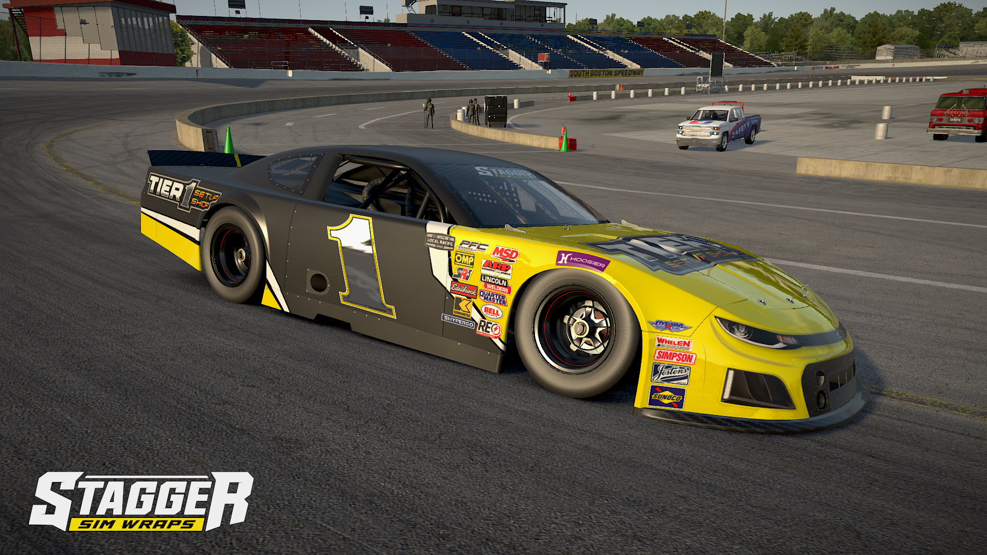 A yellow and black race car on a racing track at South Boston Speedway, with the 'Stagger Sim Wraps' logo in the lower left corner.