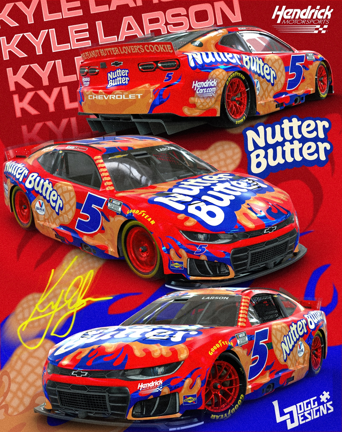 Multiple images of a red NASCAR race car featuring Nutter Butter cookie branding, Chevrolet logo, Hendrick Motorsports branding, and various sponsor logos such as Valvoline and Goodyear, set against a colorful background.