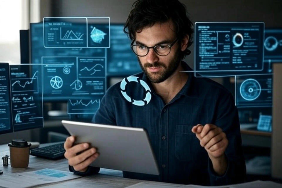 A man with glasses and dark hair looking at a tablet in front of multiple transparent digital screens displaying charts and data.