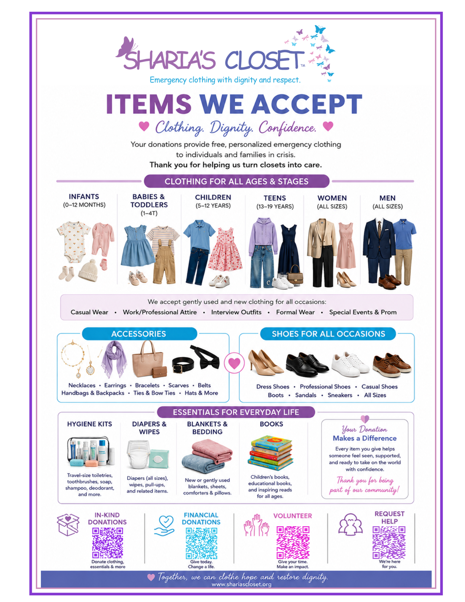 Charity flyer for Sharia's Closet promoting acceptance of clothing donations for emergency clothing. It features sections for different clothing sizes, accessories, shoes, daily essentials, and donation options with QR codes. The flyer emphasizes dignity, respect, and community support.