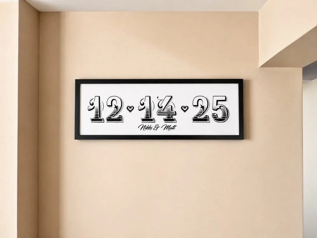 Personalized elegant black and white plastic sign with wedding date and names. Home decor for newlywed couple. 