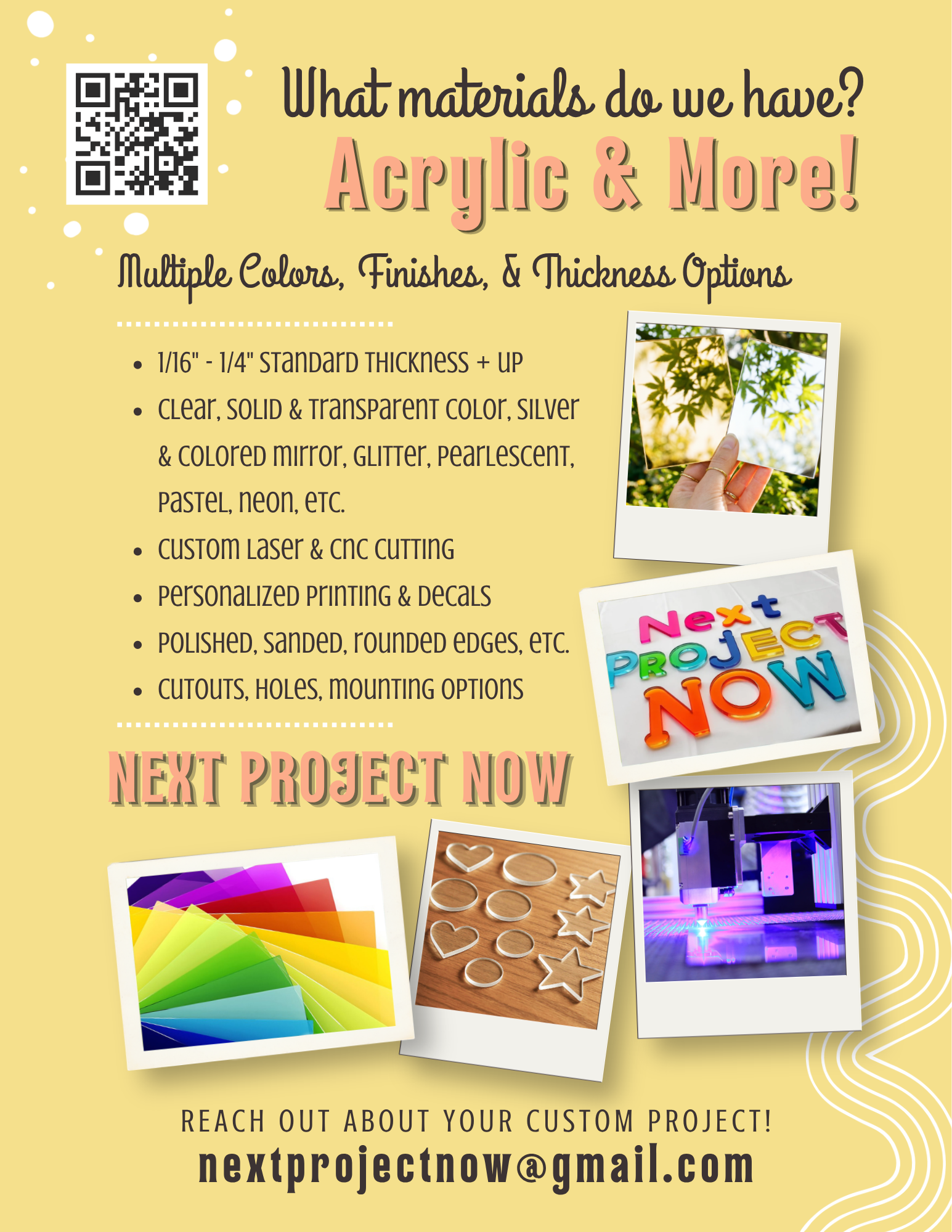 multiple colors finished thickness options acrylic clear solid transparent mirror silver gold glitter pearl pastel neon custom laser polished sanded rounded edges shiny cutouts holes mounting laser cut cnc programming custom personalized printed