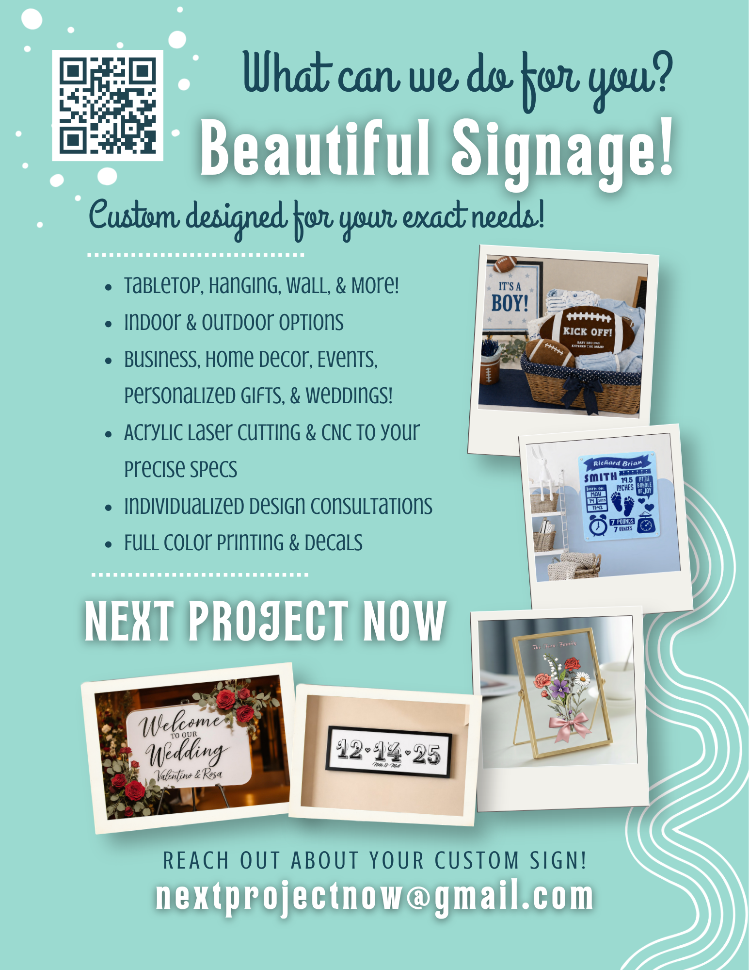 tabletop hanging wall signs indoor outdoor business home decor events personalized gifts weddings laser cutting acrylic cnc precise specifications design consultations full color printing decals custom
