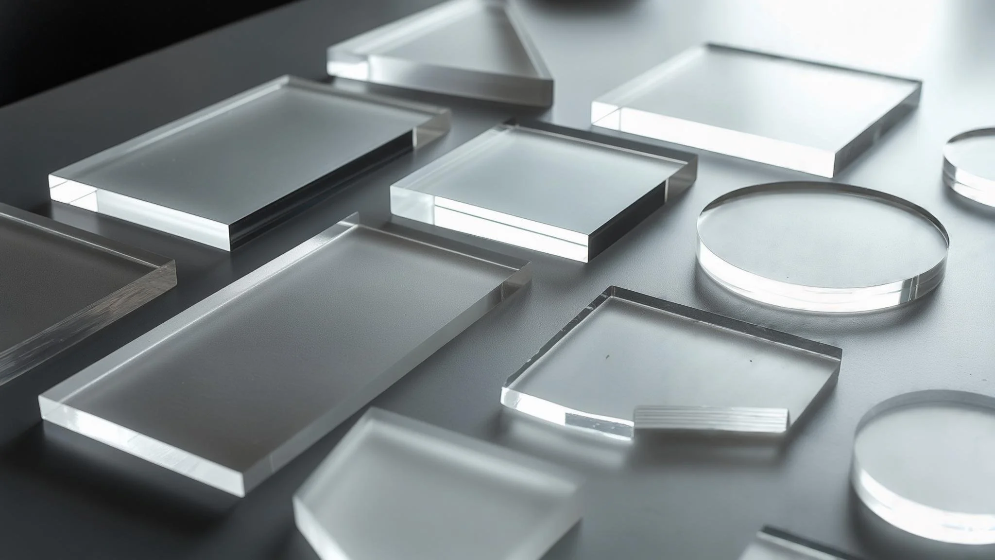 Collection of clear acrylic geometric-shaped trays and coasters, rectangular, square, and circular, on a flat surface.