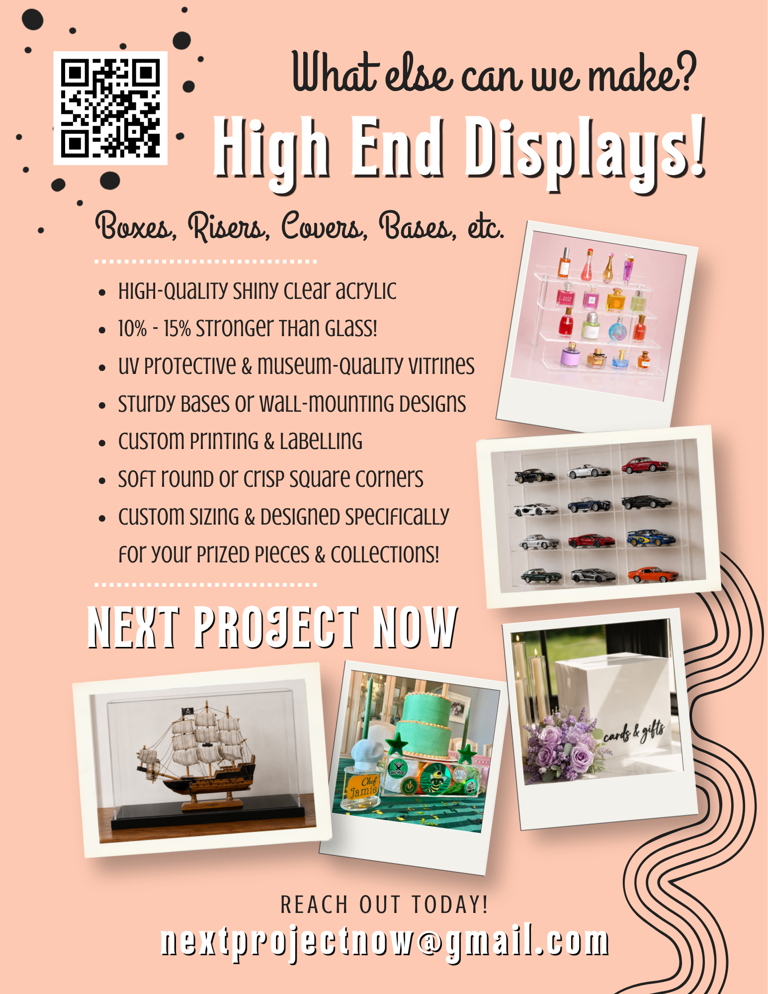 high quality acrylic displays risers covers bases stronger than glass uv protective museum quality sturdy bases wall mount design round or angled corners custom size prized collection hobby showcase artifacts