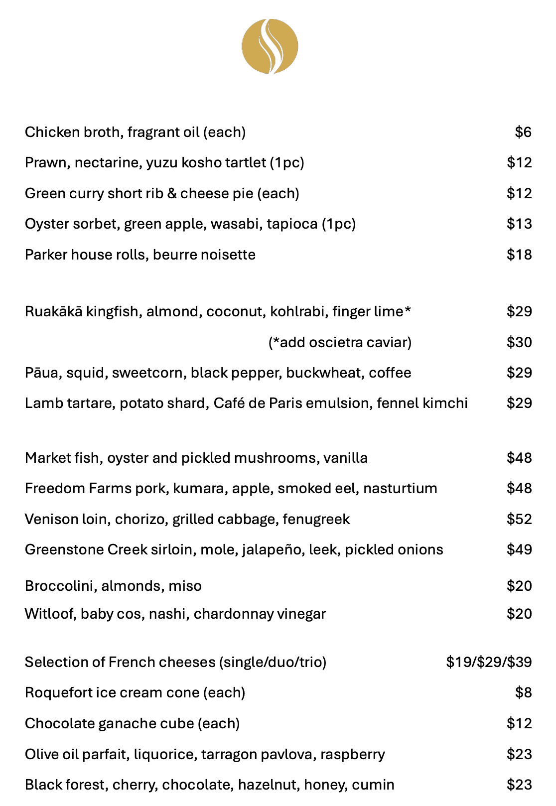 A la Carte menu The French Café, New Zealand