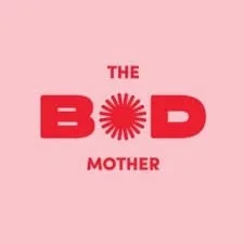 Pink background with the text 'The BOD Mother' in bold red letters, with the 'O' stylized as a sunburst pattern.