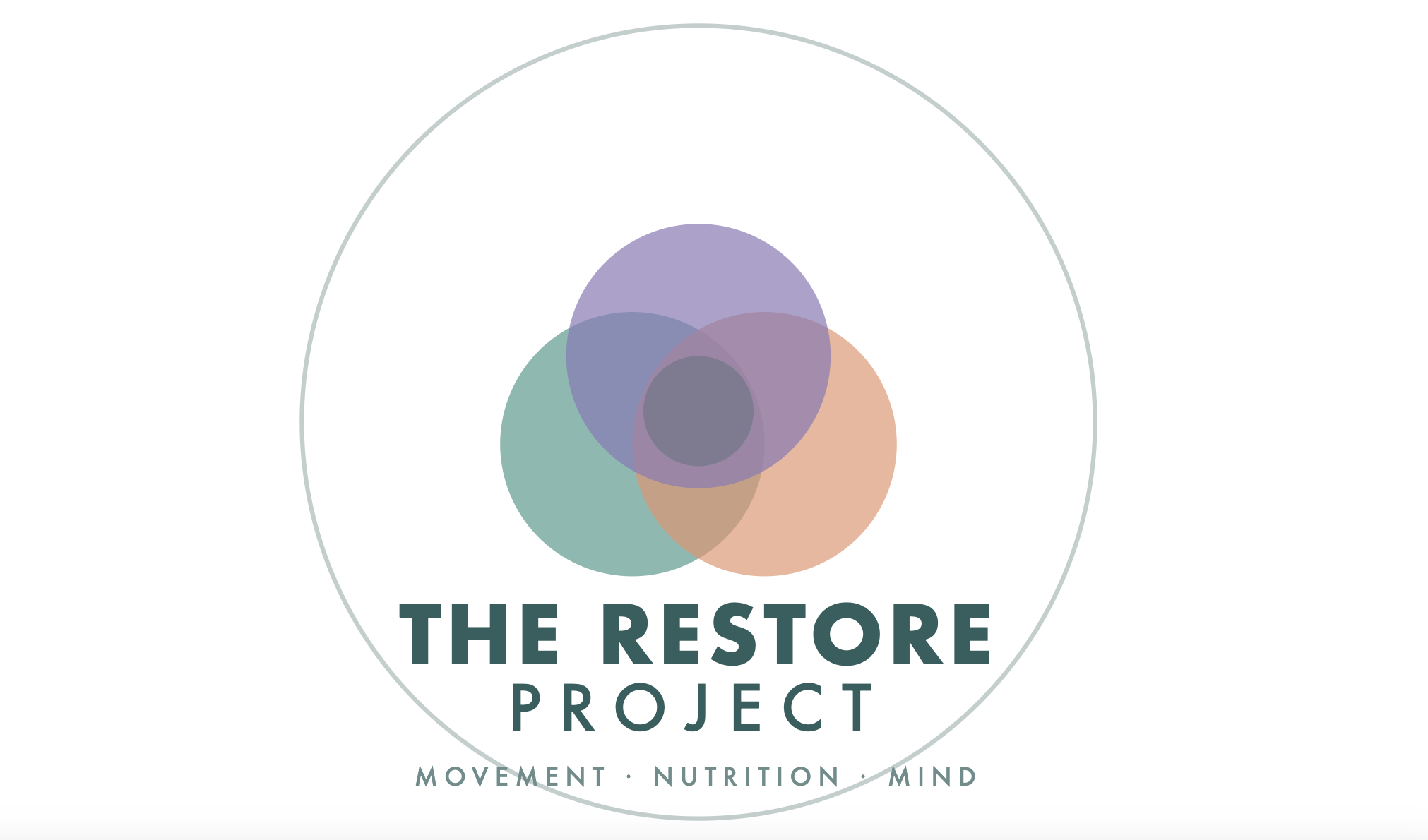 Logo for The Restore Project featuring overlapping circles in purple, green, peach, and dark gray with the text 'The Restore Project' and the tagline 'Movement, Nutrition, Mind'.