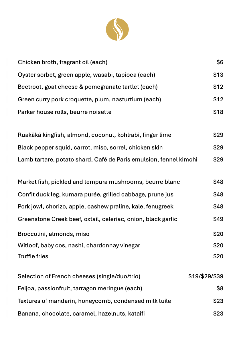 The French Café menu with various dishes and prices, featuring items like chicken broth, oyster sorbet, beetroot, green curry, rolls, kingfish, squid, lamb tartare, market fish, duck, pork jowl, beef, broccolini, witoof, fries, cheeses, and desserts.