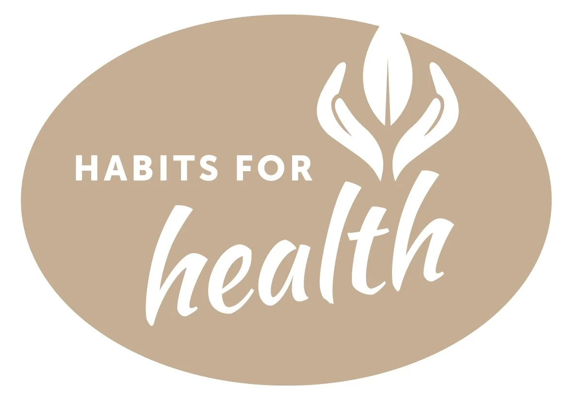 Logo with beige oval background, white stylized plant, and the text 'Habits for health' in white.