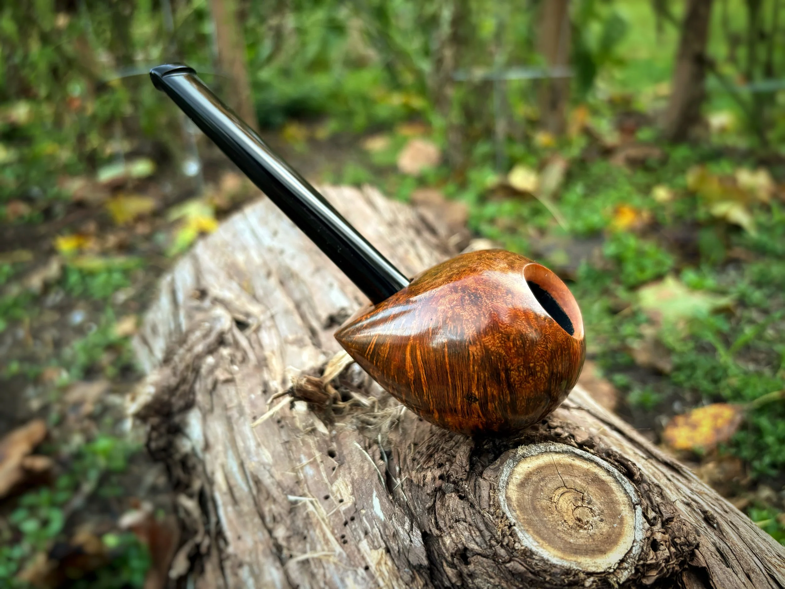 A Freehand wooden pipe resting on a fallen tree log in a forest setting.