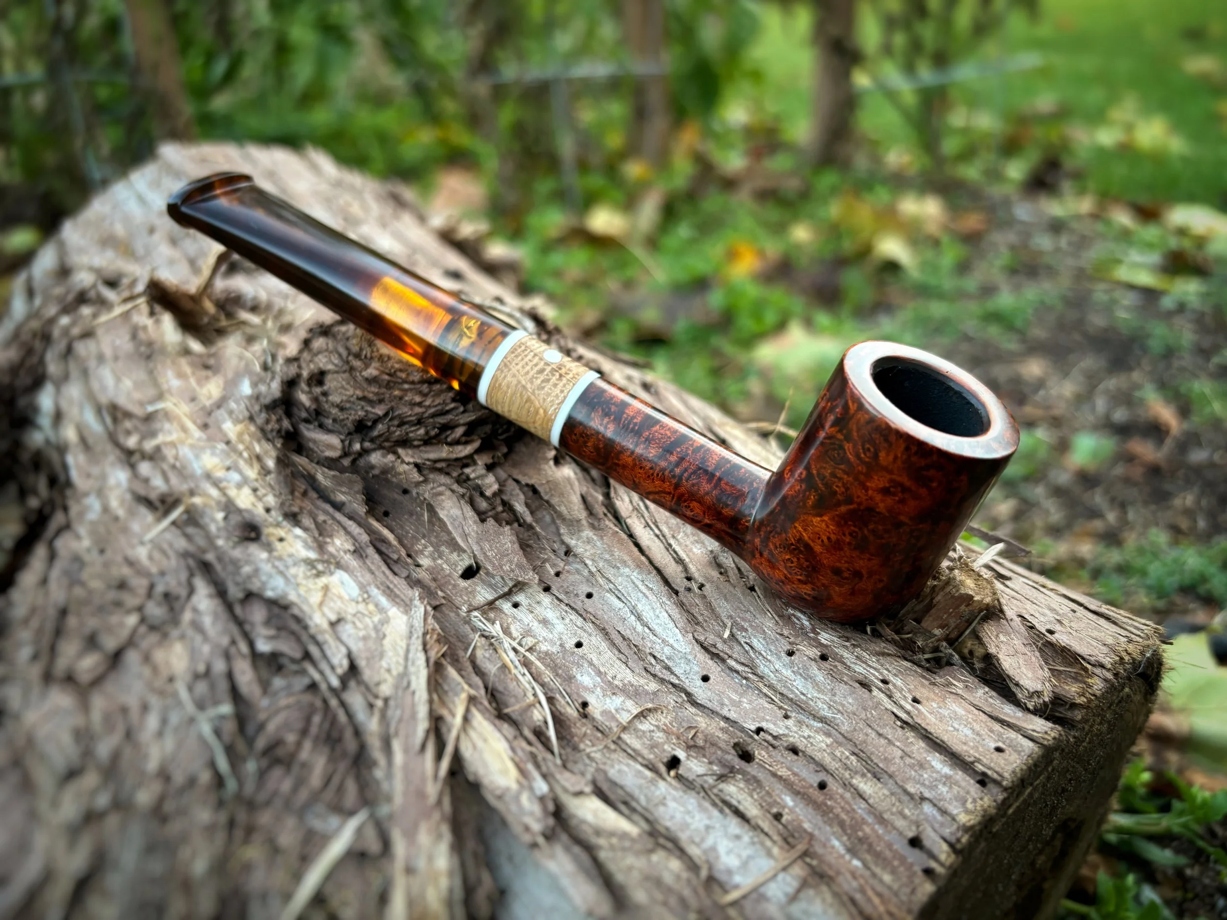A Billiard tobacco pipe resting on a rough tree stump outdoors, with green foliage in the background.