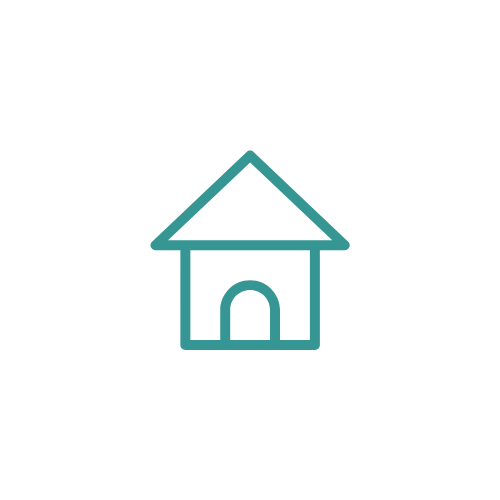Simplified outline of a house with a triangle roof and arched door on a black background.