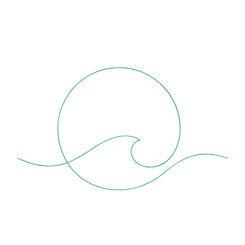 Line drawing of a wave with a large curl and breakingcrest, with two smaller waves flowing outward.