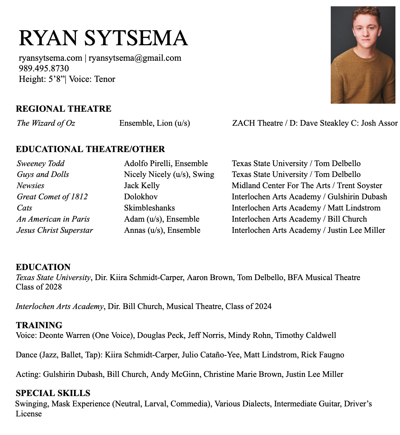 A resume for Ryan Sytema featuring his contact information, a professional photo, and sections detailing his theater experience, education, training, and skills.