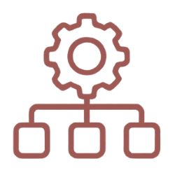 Illustration of a gear connected to three boxes, representing a workflow or process.