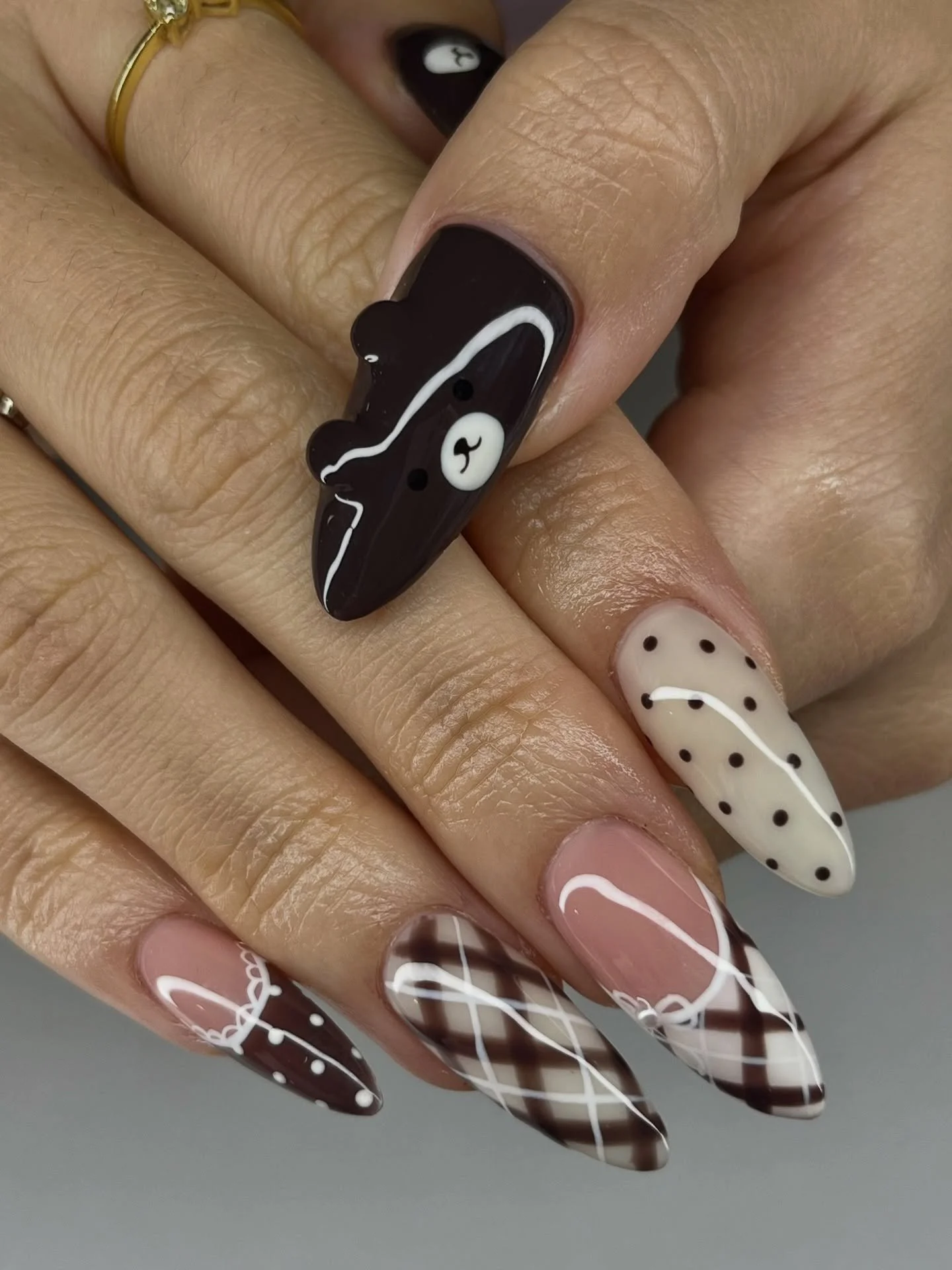 🐻bear nail + plaid + polkadots

#oahunails #cutenails #girlynails #plaidnails #polkadots