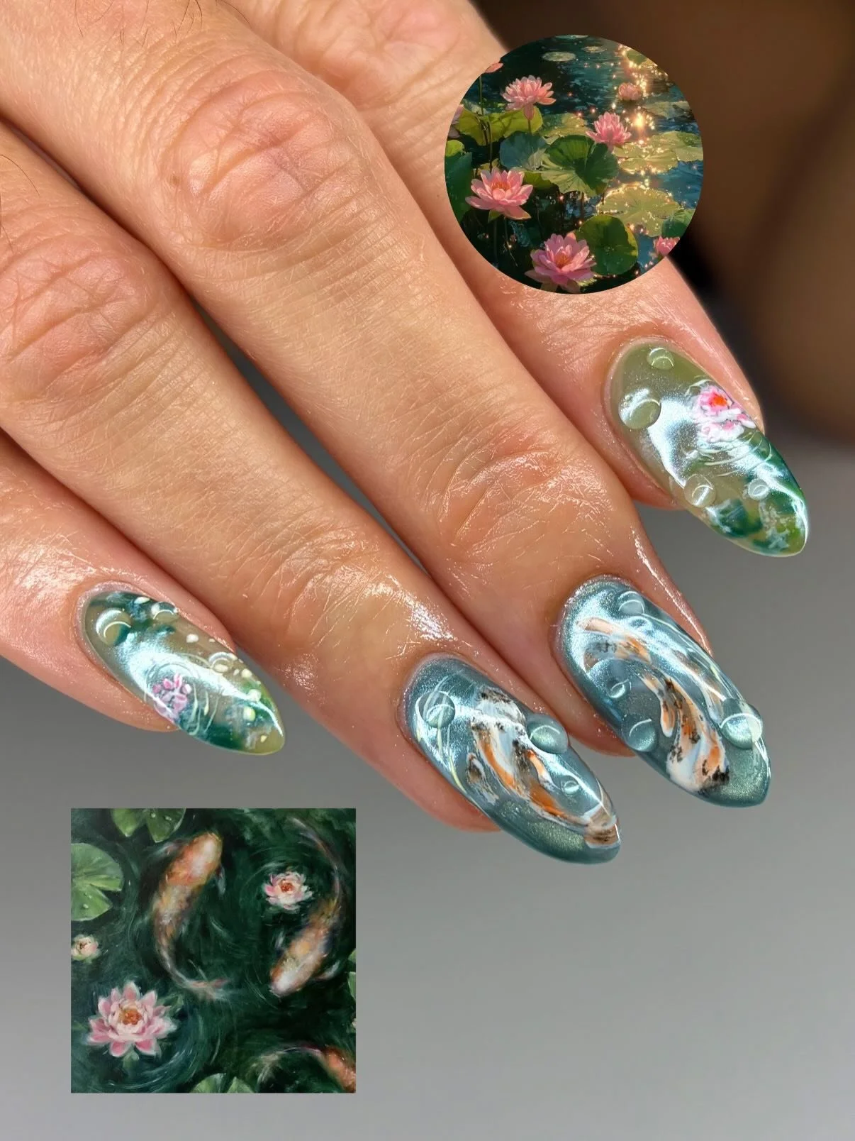 Up close flix for this koi pond set,
Also this is her natural nails! We🩷hard gel

Swipe to see her inspo pics

#oahunails #moodboardnails #koifishnails