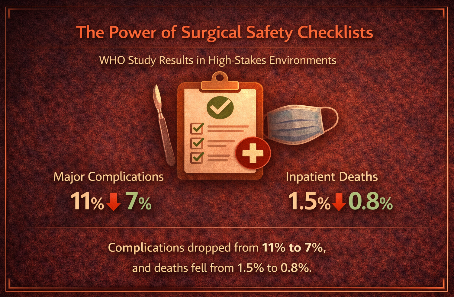 Checklists reduce mistakes in high-stakes work—complications and deaths dropped significantly in the WHO study.
